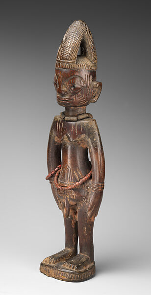 Twin Figure: Male (Ibeji), Wood, camwood powder, beads, pigment, Yoruba peoples, Oyo group