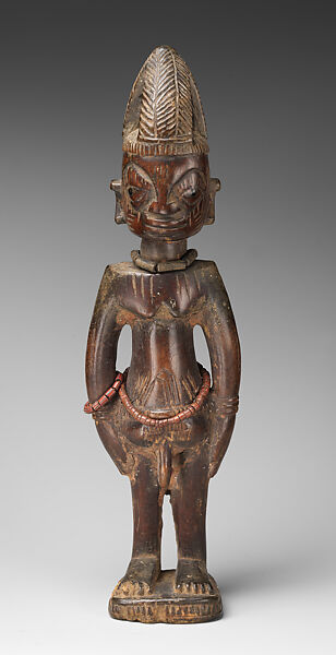 Twin Figure: Male (Ibeji), Wood, camwood powder, beads, pigment, Yoruba peoples, Oyo group 