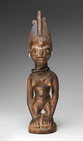 Twin Figure: Female (Ibeji), Workshop of Agbonbiofe  , possibly, Wood, blueing, metal, beads, Yoruba peoples, Ekiti group 
