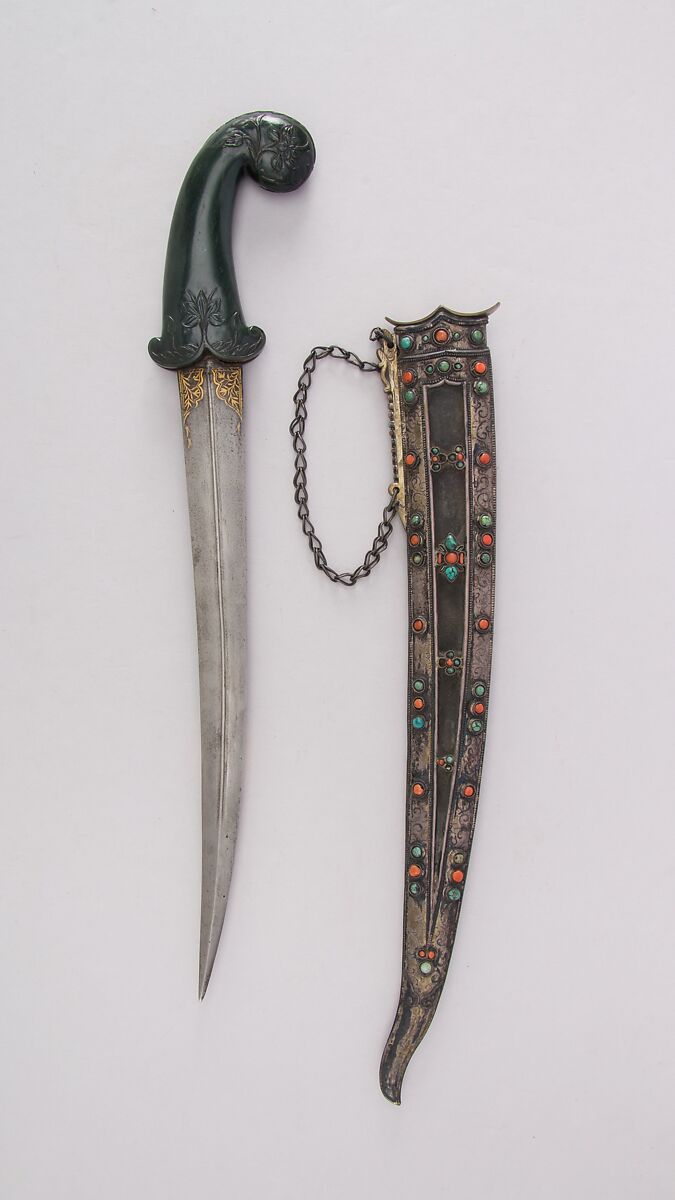 Dagger with Sheath, Steel, jade, silver, gold, leather, wood, coral, turquoise, Indian, Mughal; sheath, possibly Tibetan