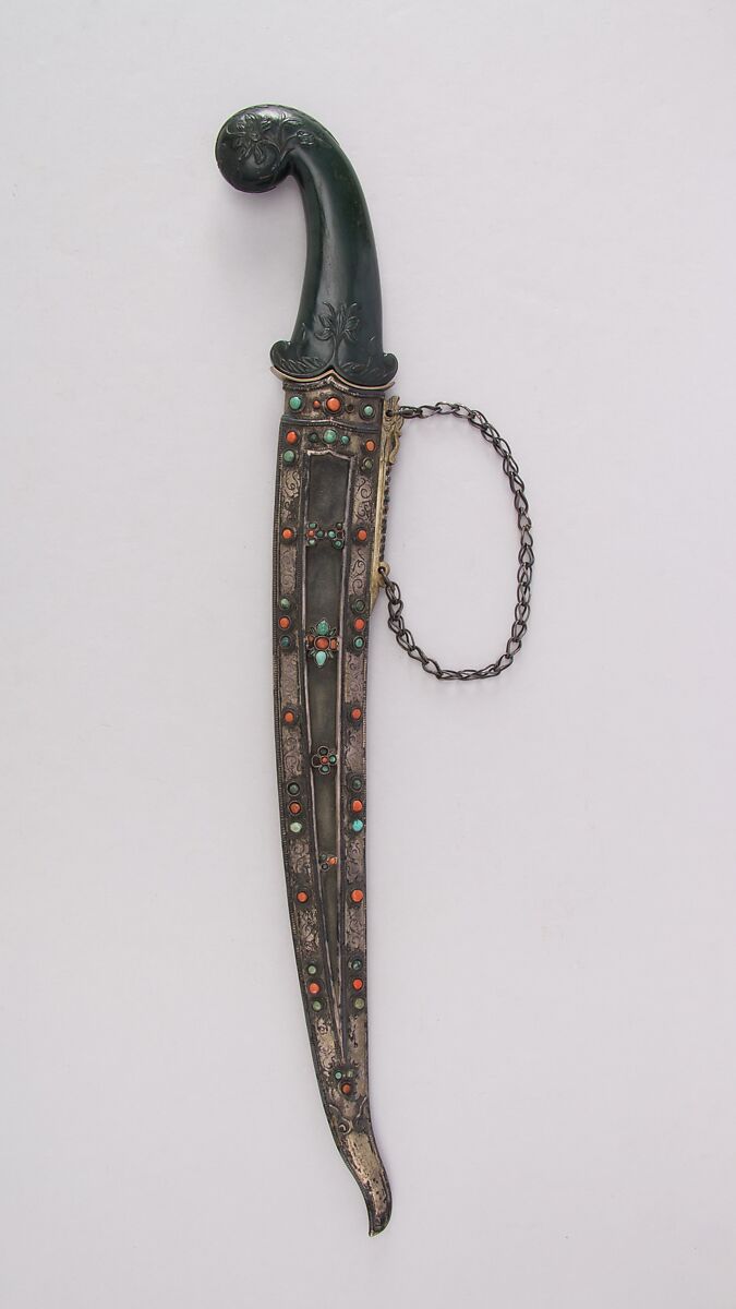 Dagger with Sheath, Steel, jade, silver, gold, leather, wood, coral, turquoise, Indian, Mughal; sheath, possibly Tibetan