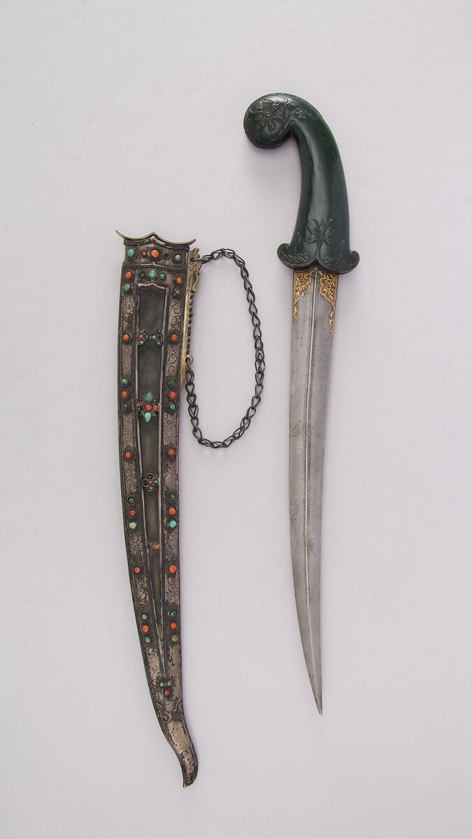 Dagger with Sheath, Steel, jade, silver, gold, leather, wood, coral, turquoise, Indian, Mughal; sheath, possibly Tibetan 