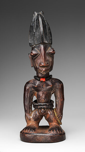 Twin Figure (Ibeji), Wood, camwood powder, beads, pigment, Yoruba peoples, Oyo group (?) 