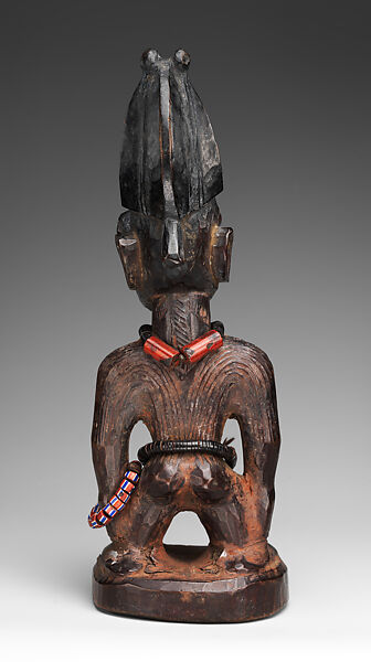 Twin Figure (Ibeji), Oyo-Yoruba artist (?), Wood, camwood powder, beads, pigment, Oyo-Yoruba peoples (?)