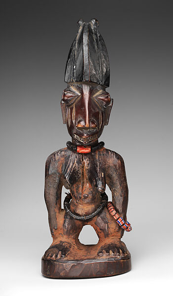 Twin Figure (Ibeji), Wood, camwood powder, beads, pigment, Yoruba peoples, Oyo group (?) 