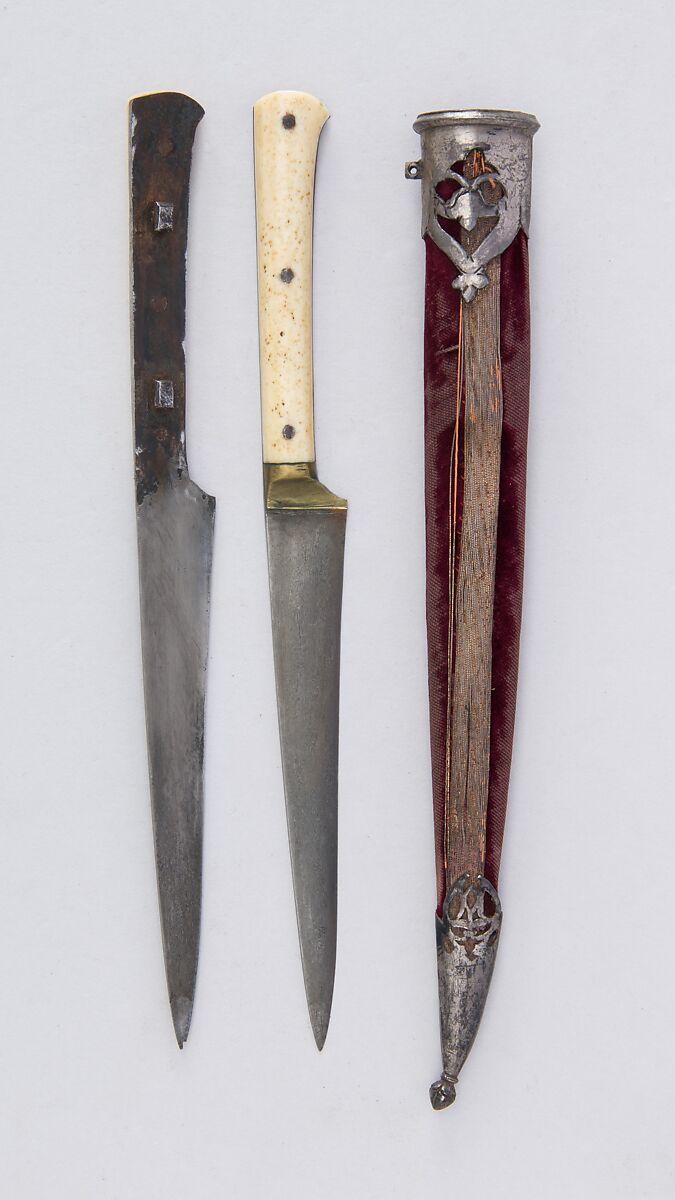 Pair of Knives with Sheath, Steel, silver, ivory, velvet, wood, Indian