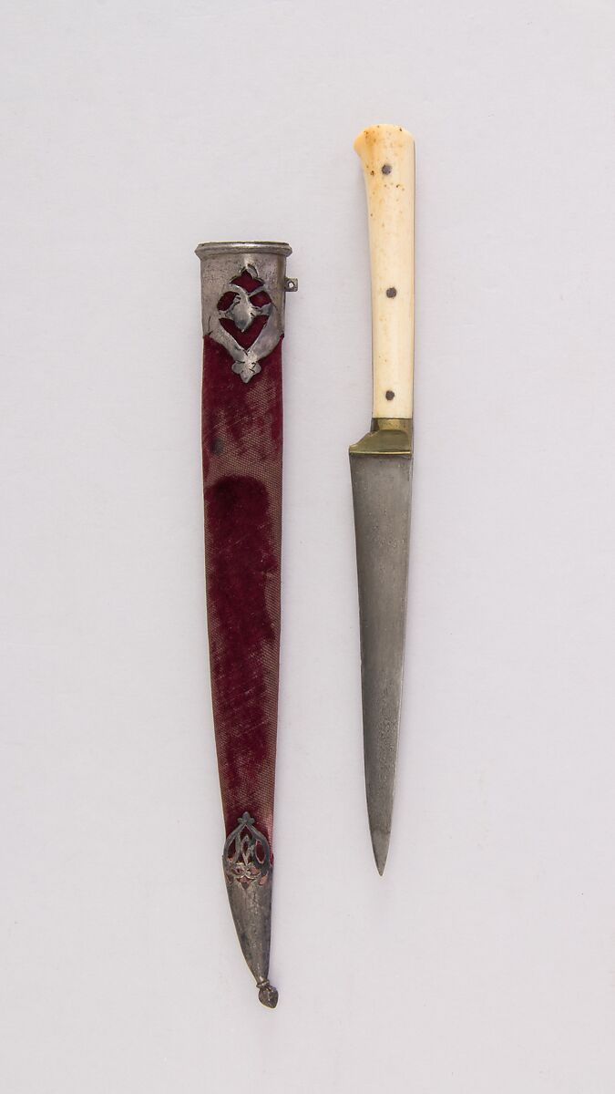 Pair of Knives with Sheath, Steel, silver, ivory, velvet, wood, Indian