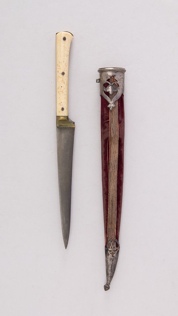 Pair of Knives with Sheath, Steel, silver, ivory, velvet, wood, Indian