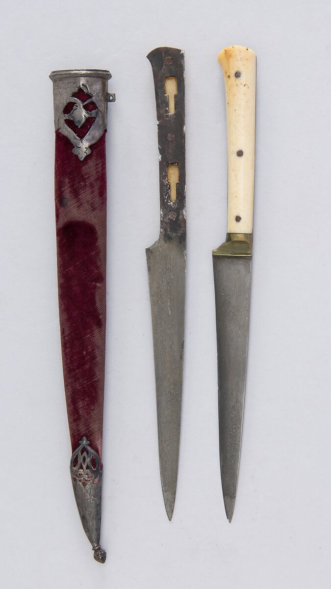 Pair of Knives with Sheath, Steel, silver, ivory, velvet, wood, Indian 