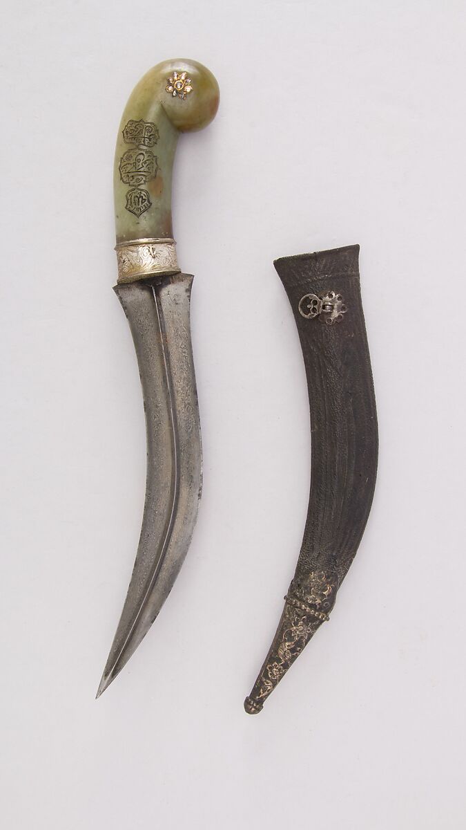 Dagger (Jambiya) with Sheath, Steel, silver, jade, diamond, gold, leather, Indian