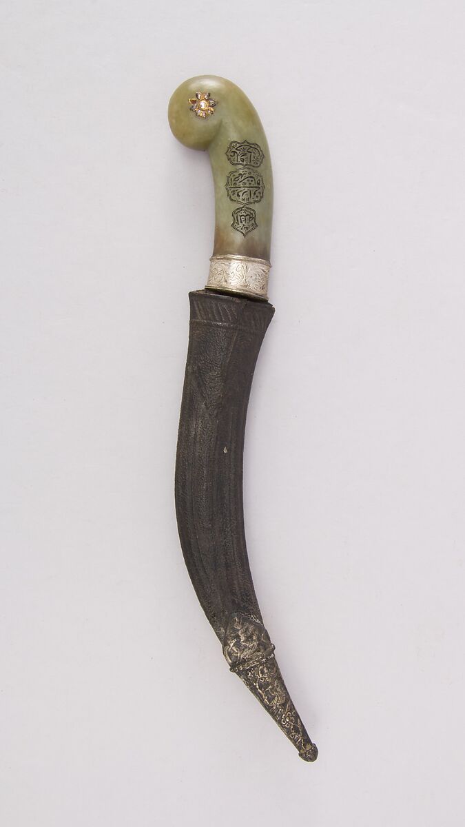 Dagger (Jambiya) with Sheath, Steel, silver, jade, diamond, gold, leather, Indian