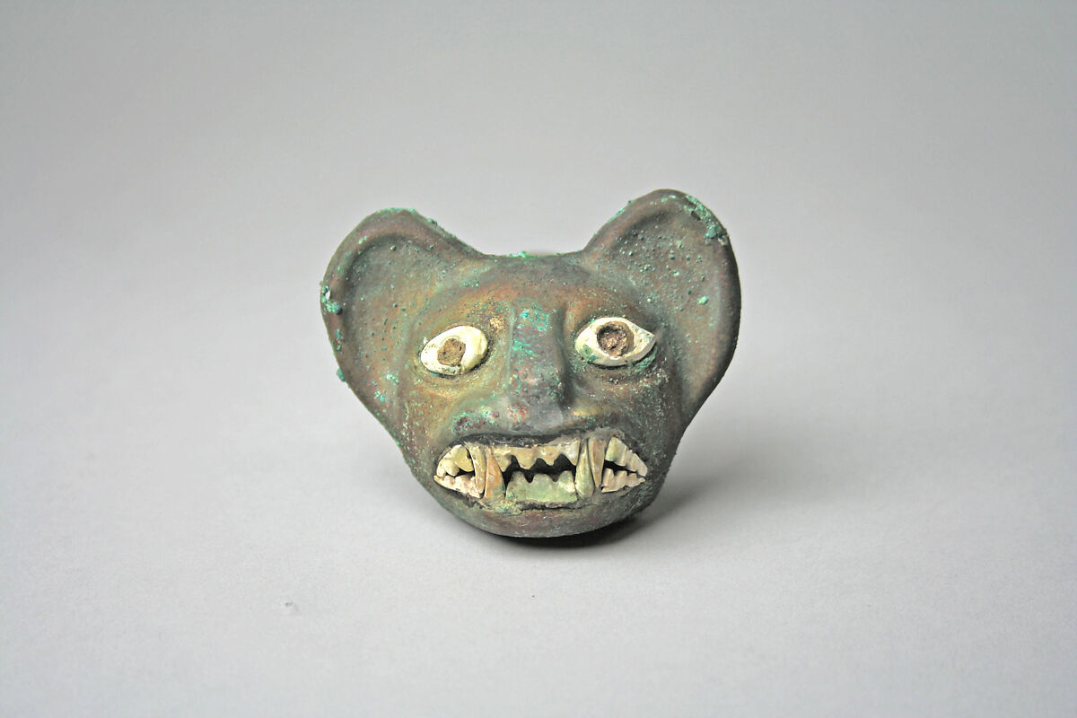 Feline Head Ornament, Copper, shell, Moche 