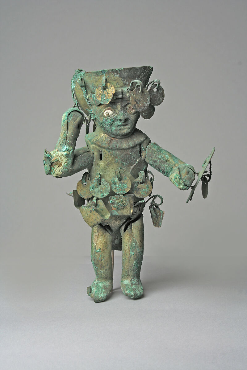 Warrior tigure, Moche artist(s), Gilded copper, shell, stone, Moche 