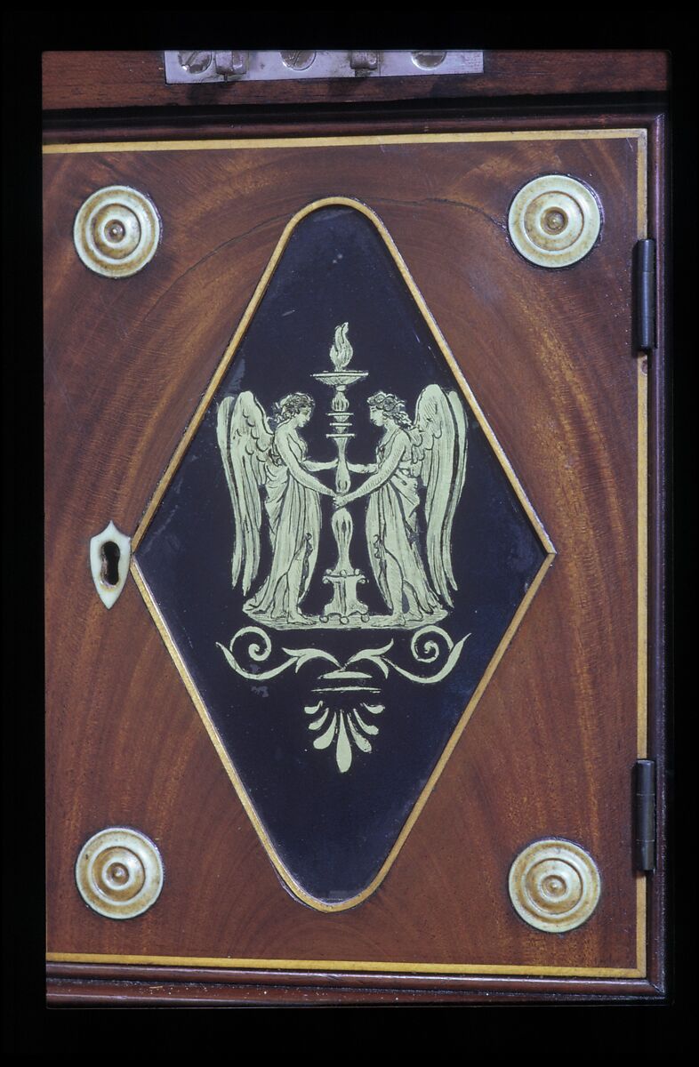 Desk and bookcase, Mahogany, satinwood, holly, verre églomisé with cedar, pine, American