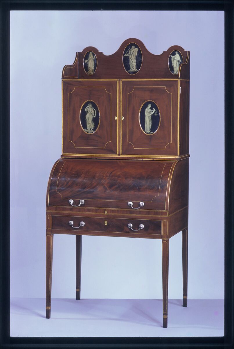 Desk and bookcase, Mahogany, satinwood, holly, verre églomisé with cedar, pine, American