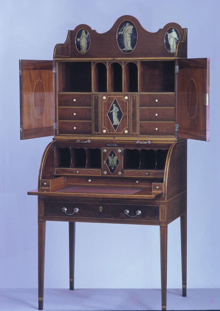 Desk and bookcase, Mahogany, satinwood, holly, verre églomisé with cedar, pine, American