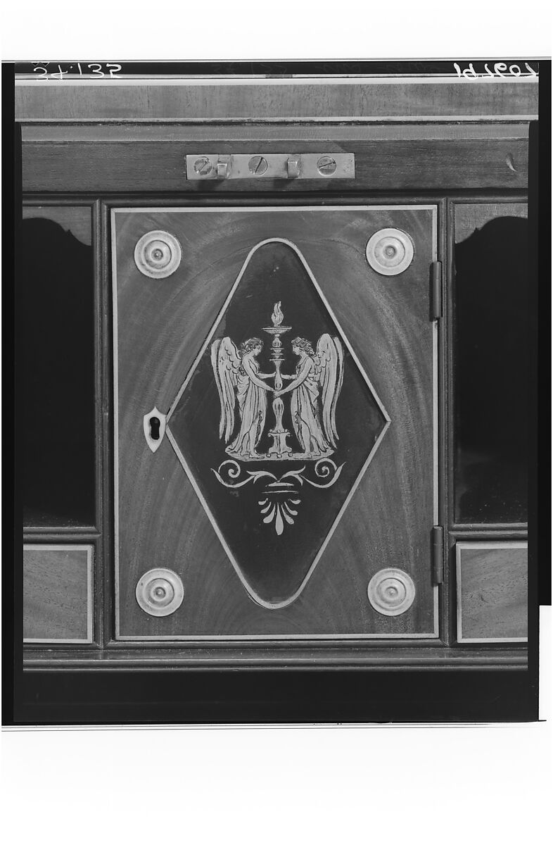 Desk and bookcase, Mahogany, satinwood, holly, verre églomisé with cedar, pine, American