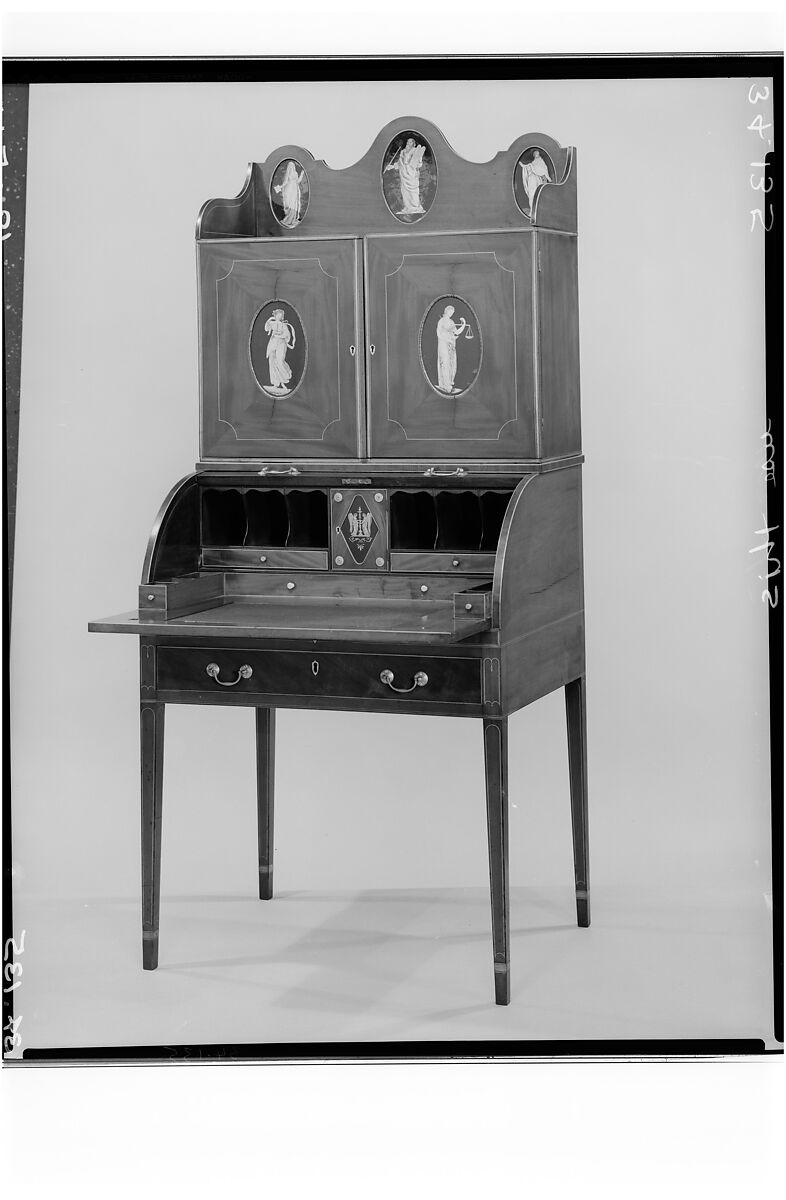 Desk and bookcase, Mahogany, satinwood, holly, verre églomisé with cedar, pine, American