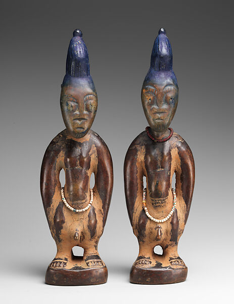 Ibeji Twin Figure, Oyo-Yoruba artist, Wood, camwood powder, beads, blueing, Oyo-Yoruba peoples