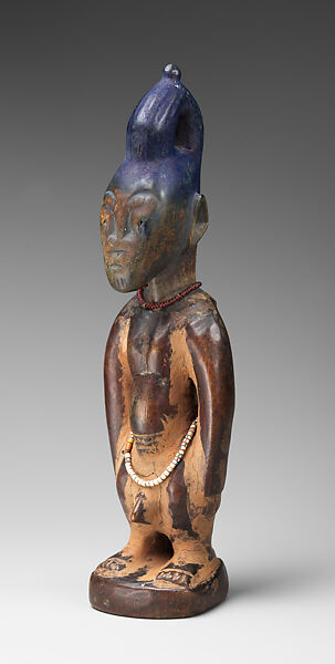Ibeji Twin Figure, Oyo-Yoruba artist, Wood, camwood powder, beads, blueing, Oyo-Yoruba peoples