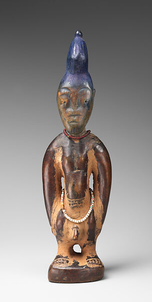 Ibeji Twin Figure, Wood, camwood powder, beads, blueing, Yoruba peoples, Oyo group 
