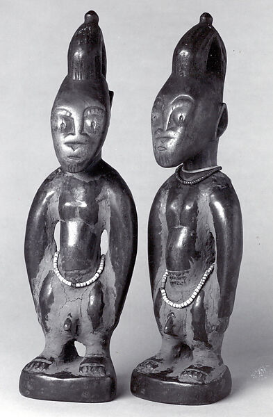 Ibeji Twin Figure, Oyo-Yoruba artist, Wood, camwood powder, beads, blueing, Oyo-Yoruba peoples