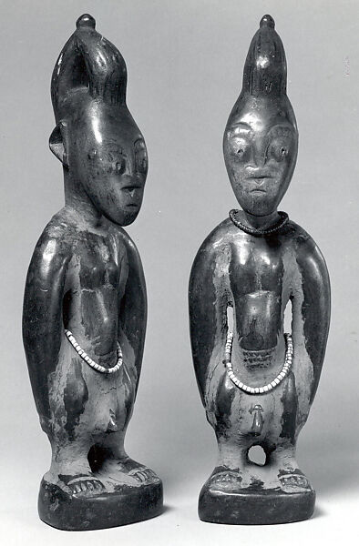 Ibeji Twin Figure, Oyo-Yoruba artist, Wood, camwood powder, beads, blueing, Oyo-Yoruba peoples