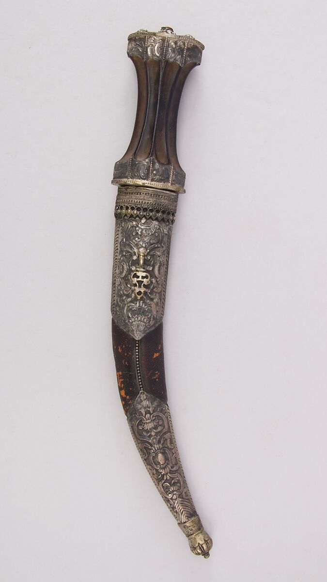 Dagger (Jambiya) with Sheath, Steel, brass, silver, leather, Syrian