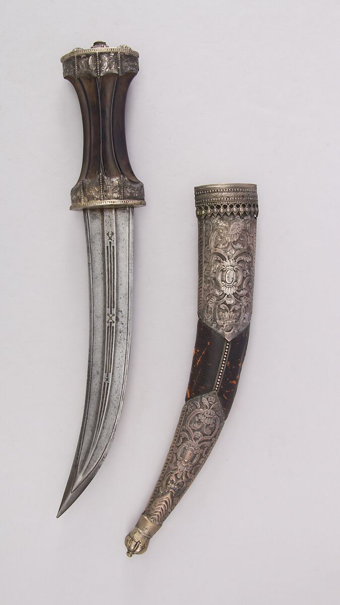 Dagger (Jambiya) with Sheath, Steel, brass, silver, leather, Syrian