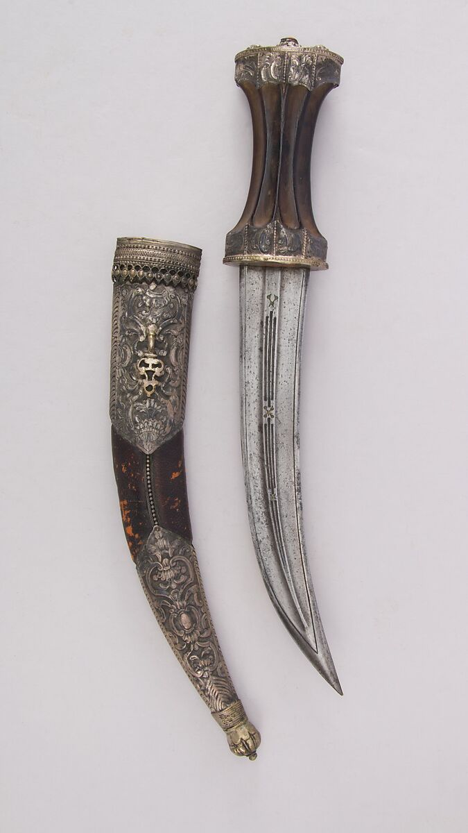 Dagger (Jambiya) with Sheath, Steel, brass, silver, leather, Syrian 