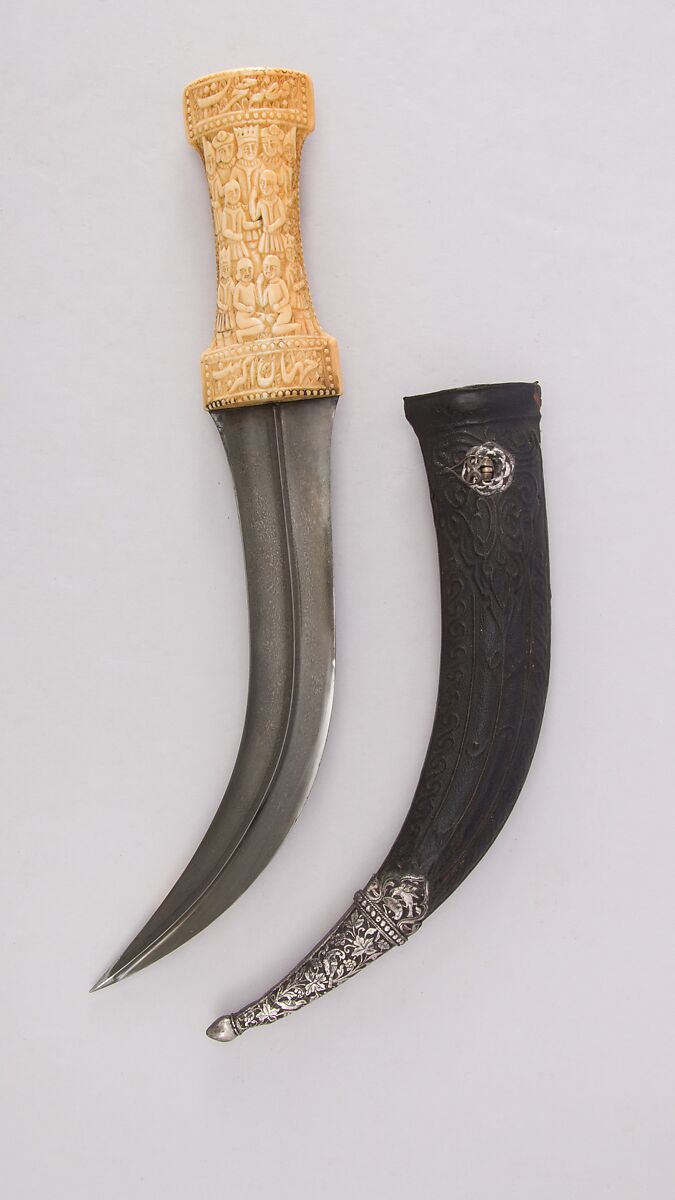 Dagger (Jambiya) with Sheath, Steel, ivory (walrus), leather, wood, silver, enamel, Persian, Qajar