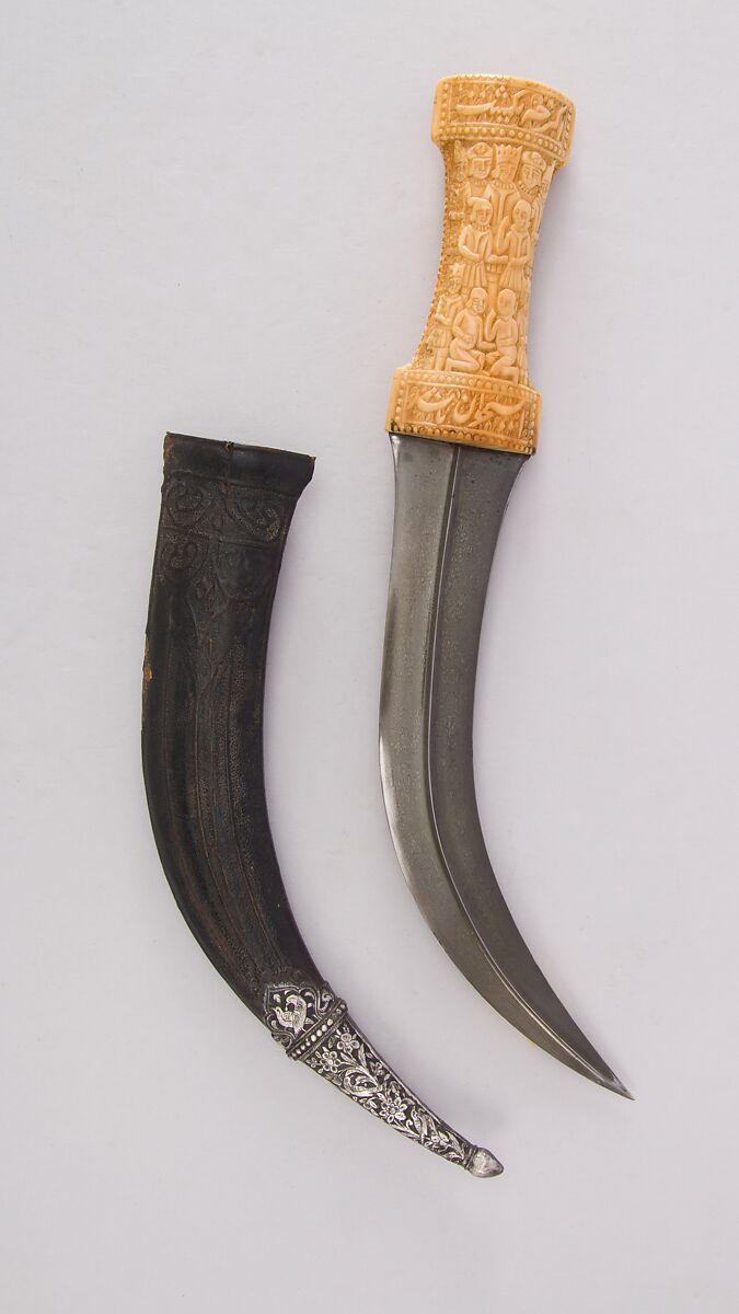 Dagger (Jambiya) with Sheath, Steel, ivory (walrus), leather, wood, silver, enamel, Persian, Qajar 