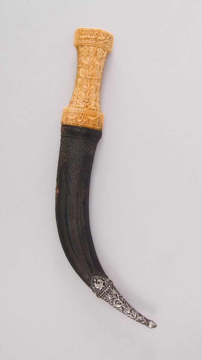 Dagger (Jambiya) with Sheath, Steel, ivory (walrus), leather, wood, silver, enamel, Persian, Qajar