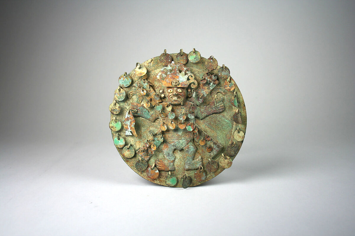 Disk, Gilded copper, silvered copper, shell inlay, Moche 