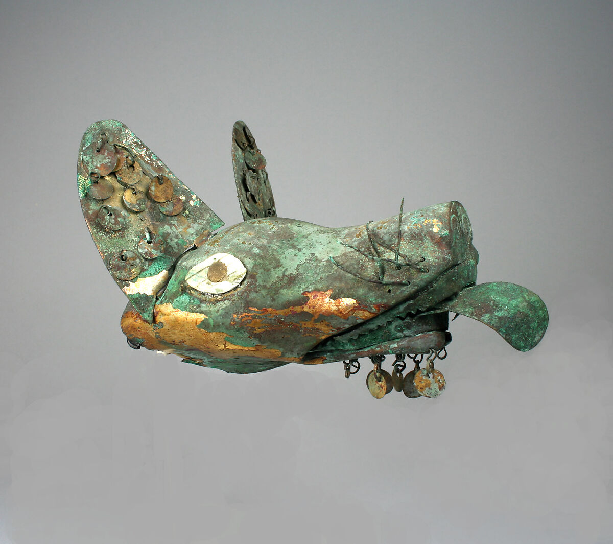 Animal Ornament, Copper, gilded copper, silvered copper, shell, Moche 