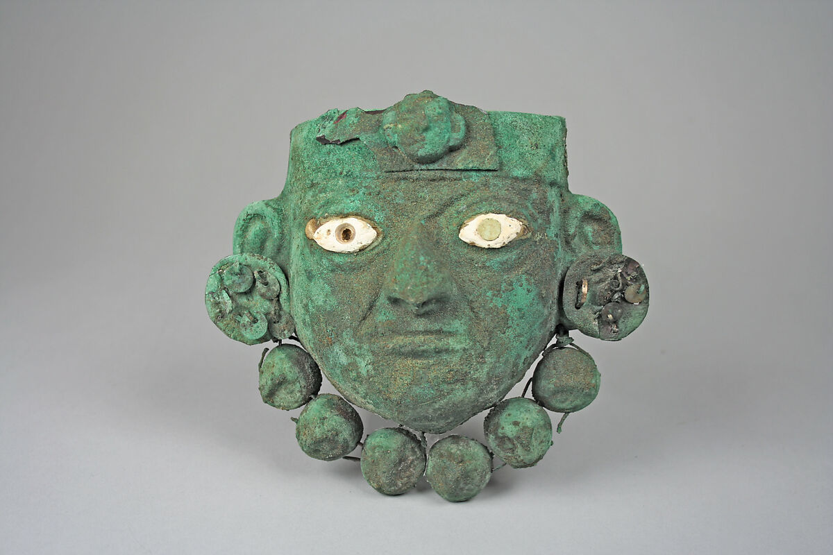 Mask Ornament, Copper, shell, turquoise, Moche 
