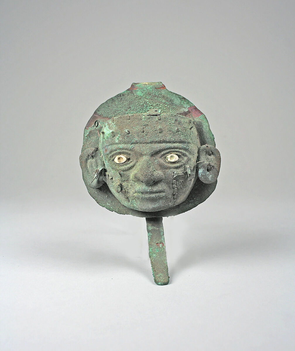 Face Mask Ornament, Gilded copper, shell, Moche 