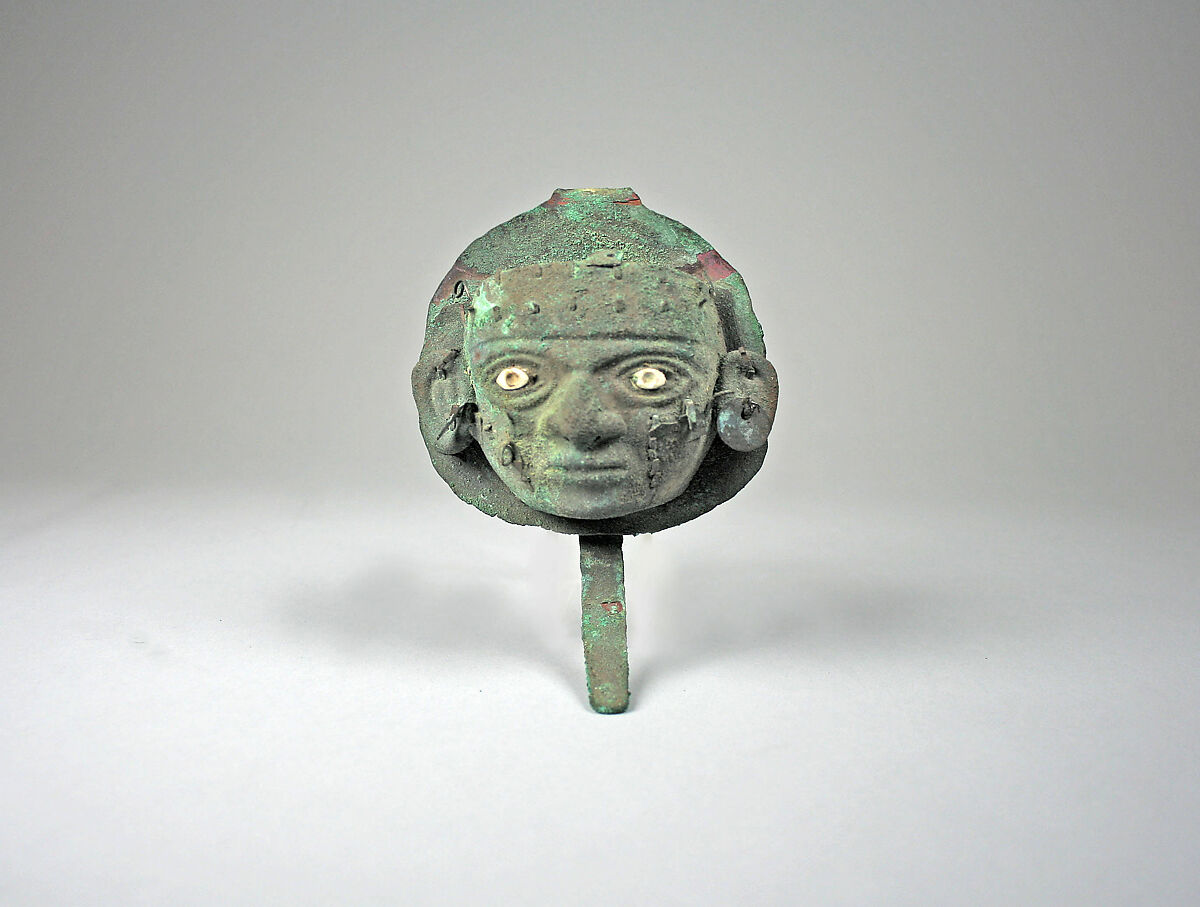 Face Mask Ornament, Gilded copper, shell, Moche