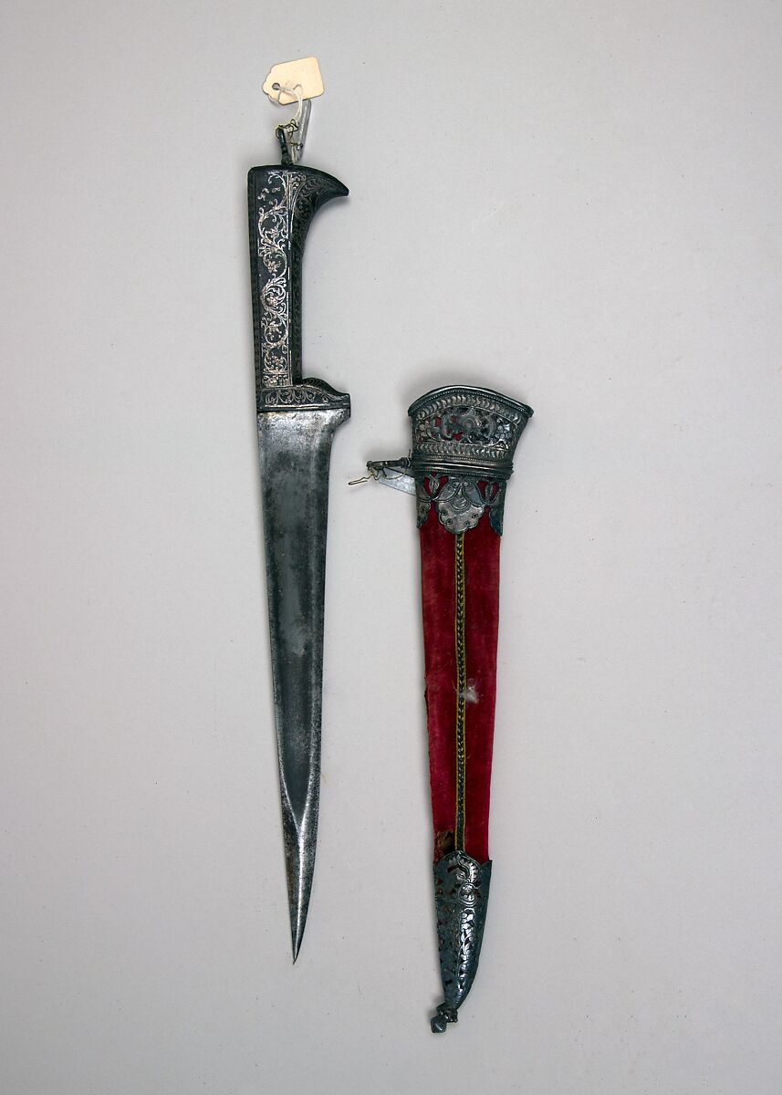 Dagger (Pesh-Kabz) with Sheath, Steel, silver, velvet, wood, Persian 