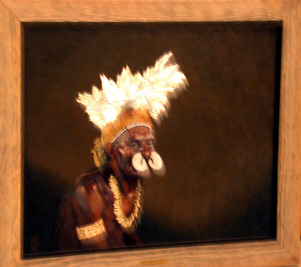Painting by Lunda Hoye Gill, "Asmat Chief", Lunda Hoyle Gill (American, 1928–2003 Encino, California), Canvas, paint