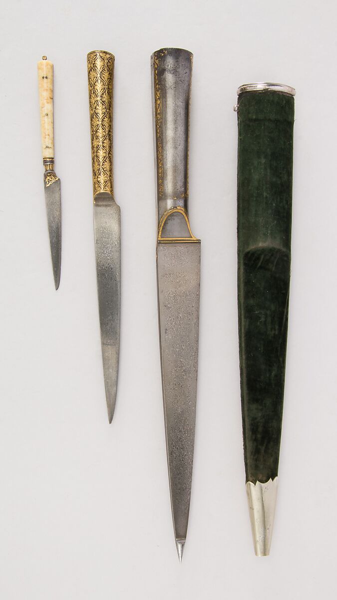 Three Knives with Sheath, Steel, bone, gold, velvet, wood, silver, Indian