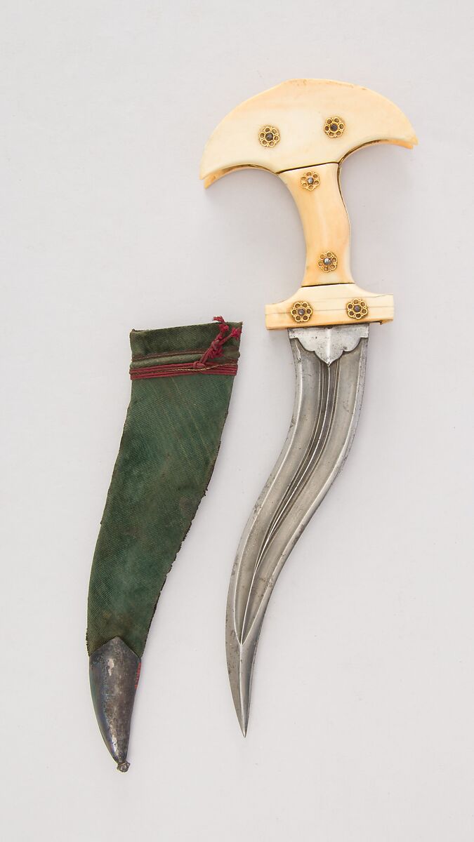 Dagger (Khanjarli) with Sheath, Steel, silver, gold, ivory, velvet, wood, Indian