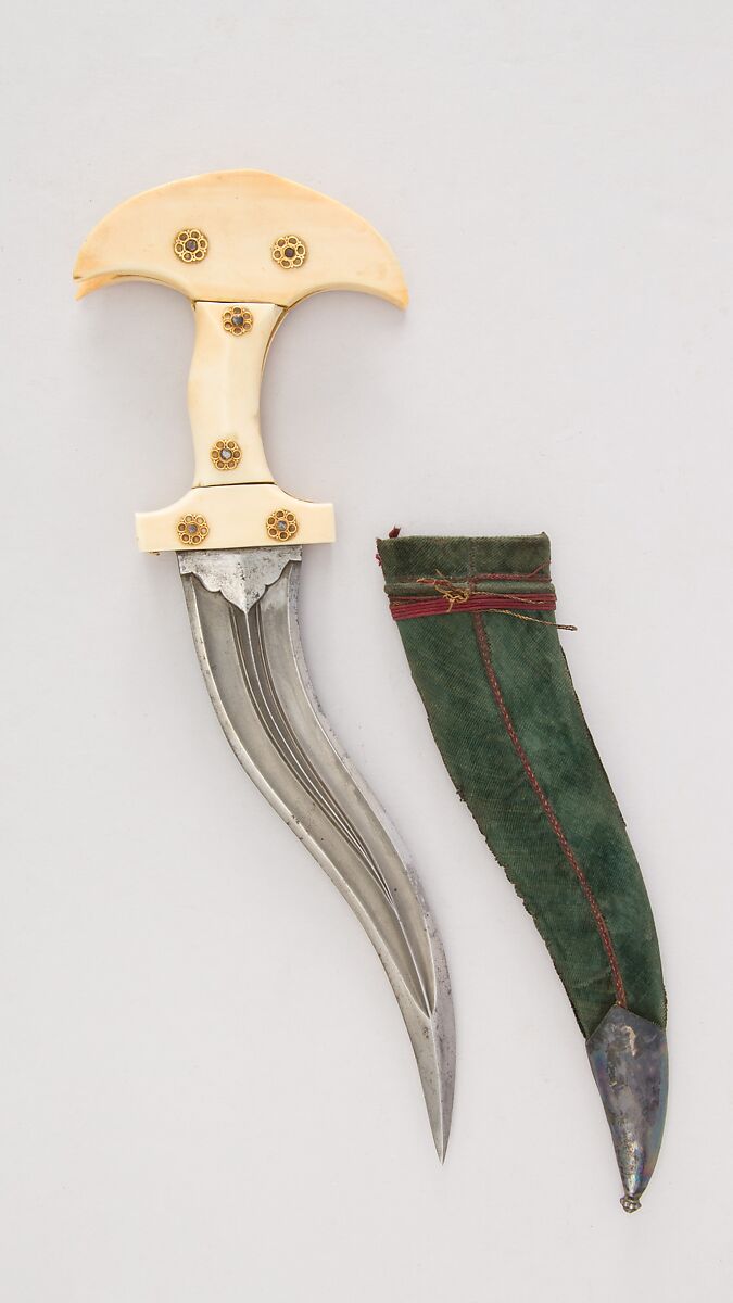 Dagger (Khanjarli) with Sheath, Steel, silver, gold, ivory, velvet, wood, Indian