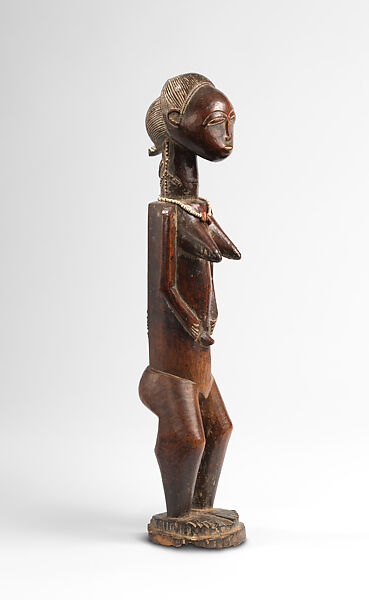 Female Figure, Wood, pigment, plant fiber, glass beads, Baule peoples