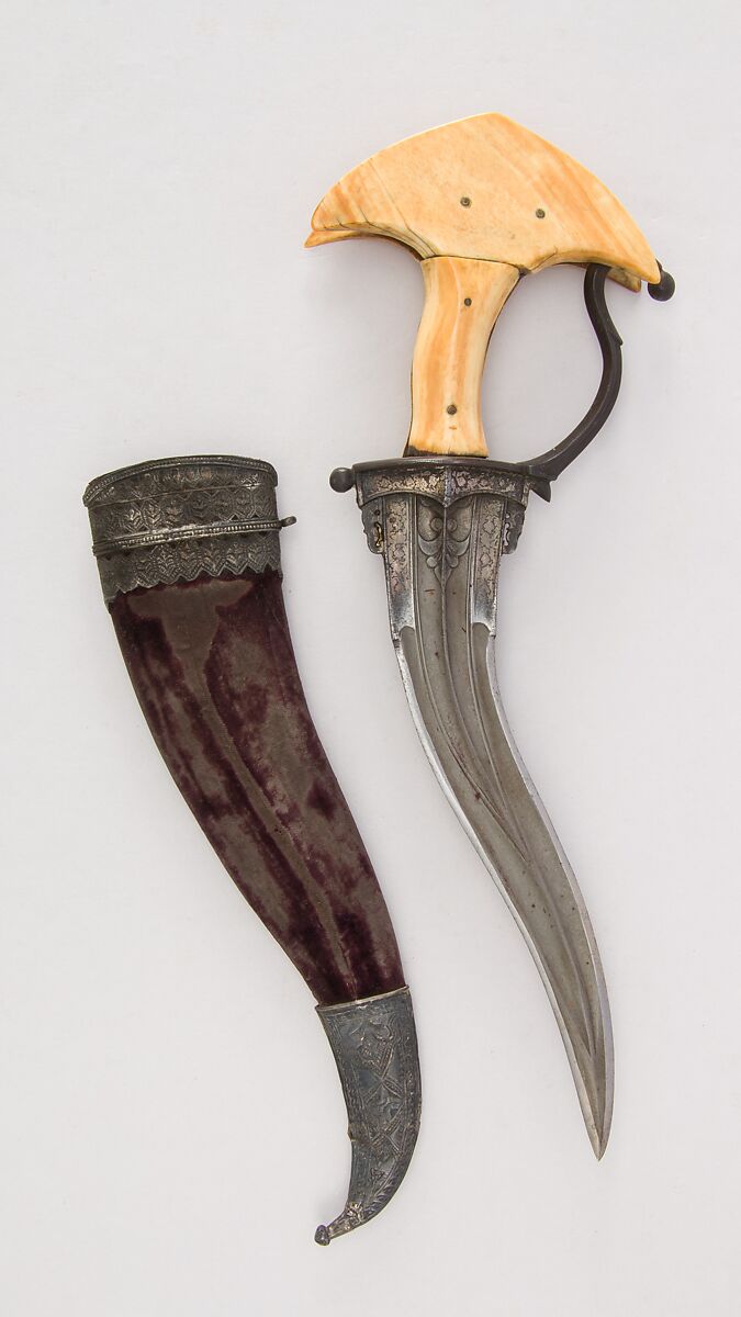 Dagger (Khanjarli) with Sheath, Steel, ivory (elephant), velvet, silver, wood, Indian 