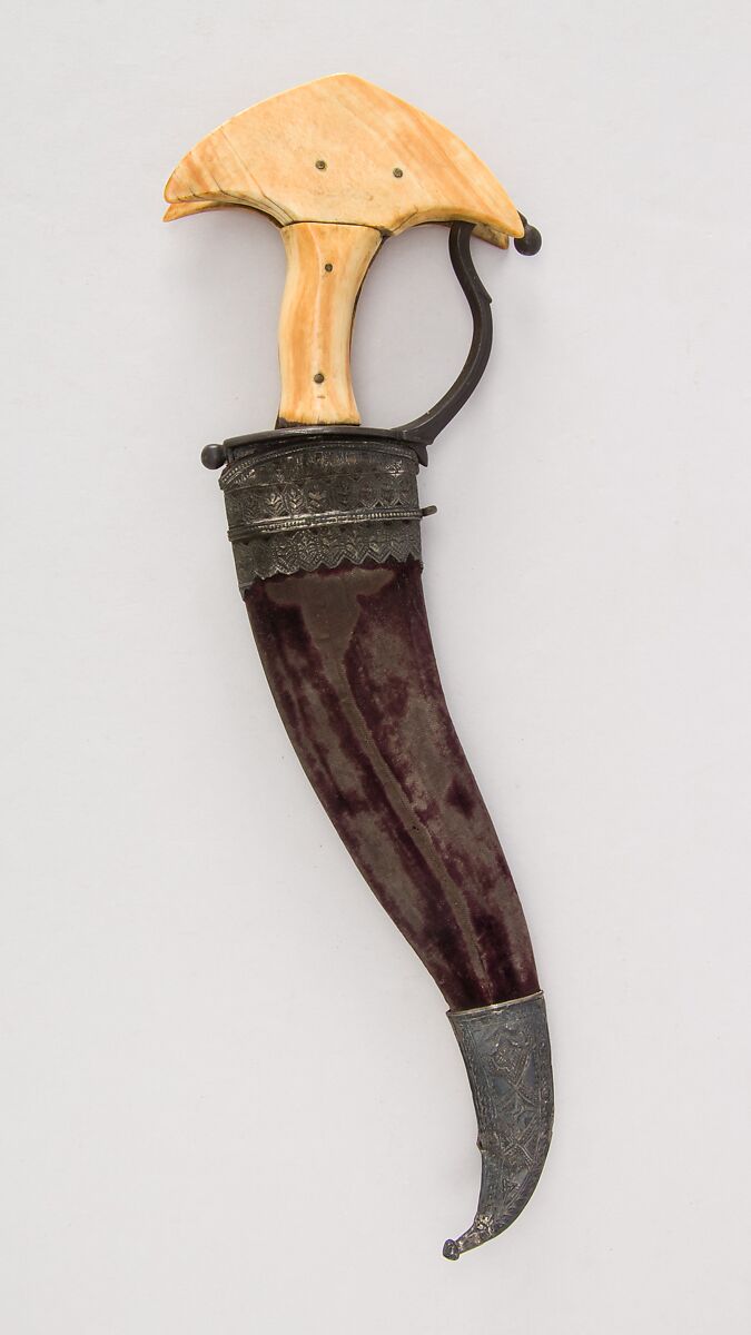 Dagger (Khanjarli) with Sheath, Steel, ivory (elephant), velvet, silver, wood, Indian