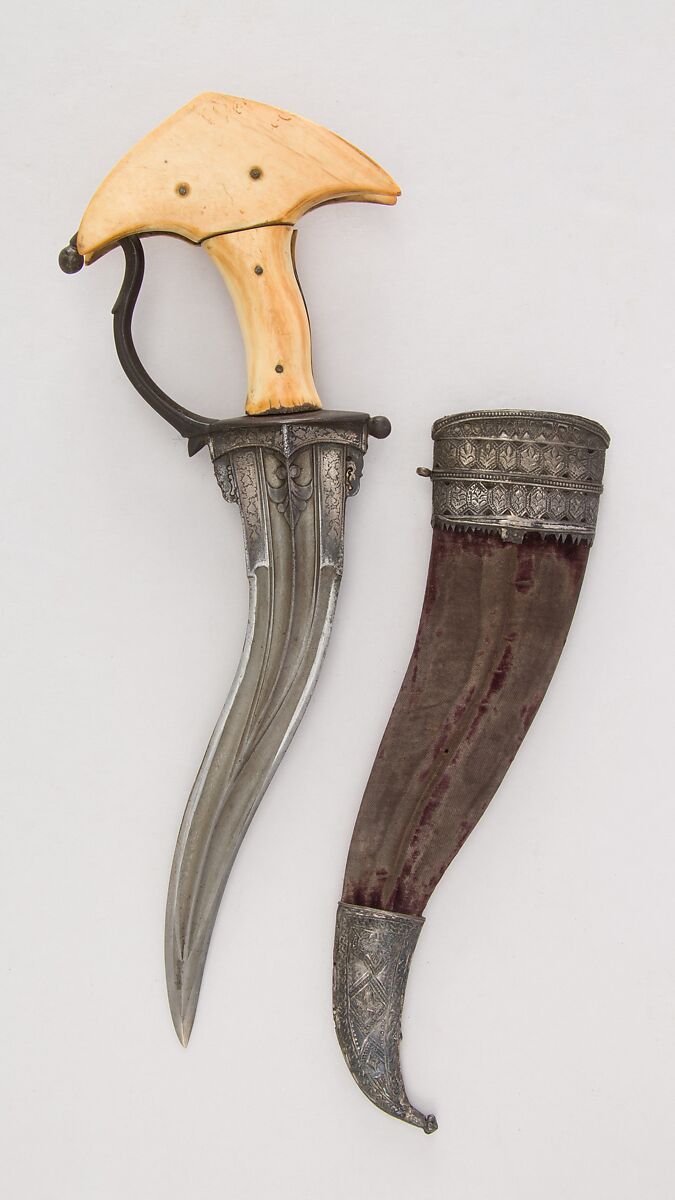 Dagger (Khanjarli) with Sheath, Steel, ivory (elephant), velvet, silver, wood, Indian
