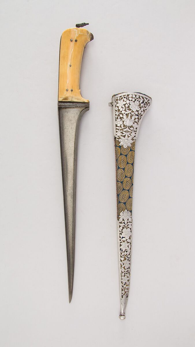 Dagger (Pesh-kabz) with Sheath, Steel, ivory, silver, gold, silk, velvet, wood, Indian