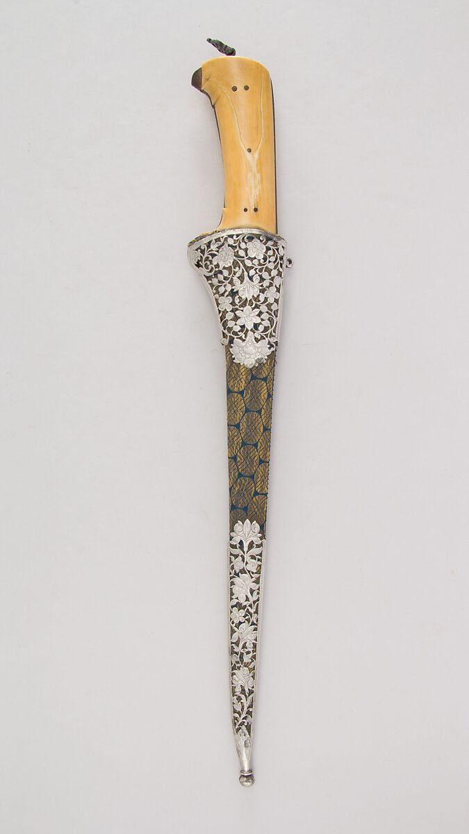 Dagger (Pesh-kabz) with Sheath, Steel, ivory, silver, gold, silk, velvet, wood, Indian