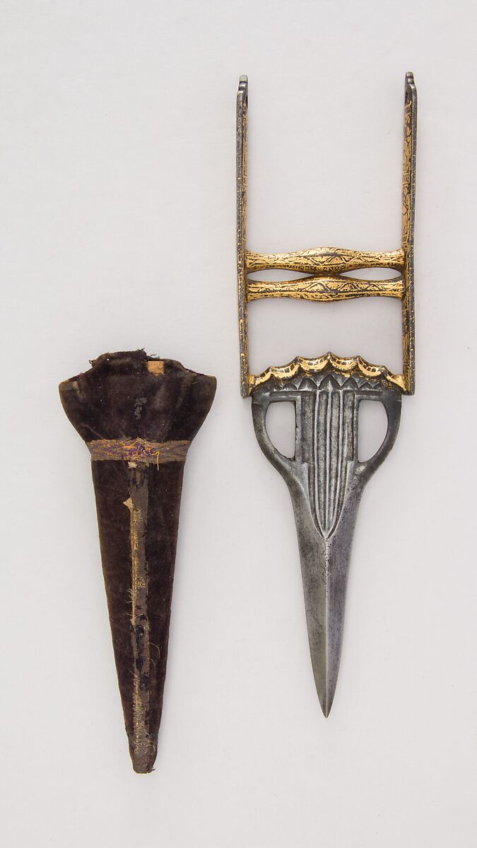Dagger (Katar) with Sheath, Steel, gold, wood, velvet, Indian